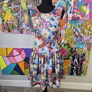 Kaya and Sloane Size M Floral Pink Teal Flare Dress Women Sleeveless READ